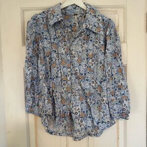 Free People Floral Blue and Brown Women's Button Down Shirt